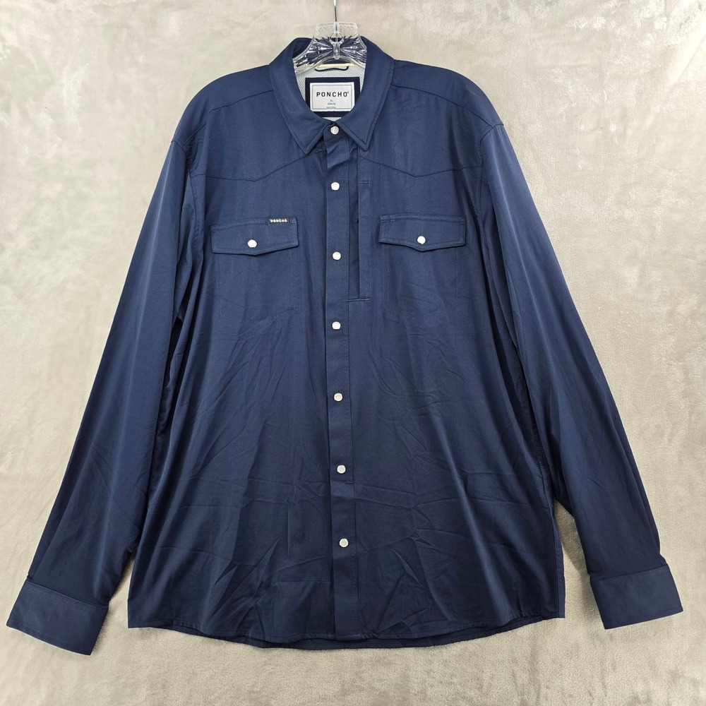 Poncho Western Shirt Mens XL Slim Navy Blue Pearl Snap Long Sleeve Tech